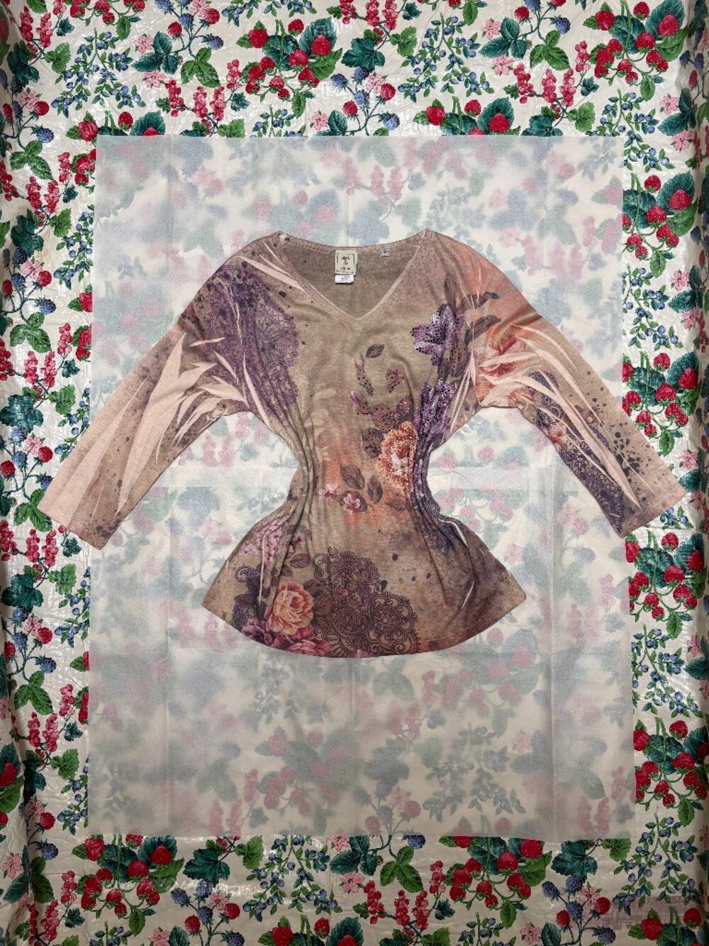 Vintage Jess & Jane Floral Rhinestone 3/4 Sleeve V-Neck Top Small Made in USA